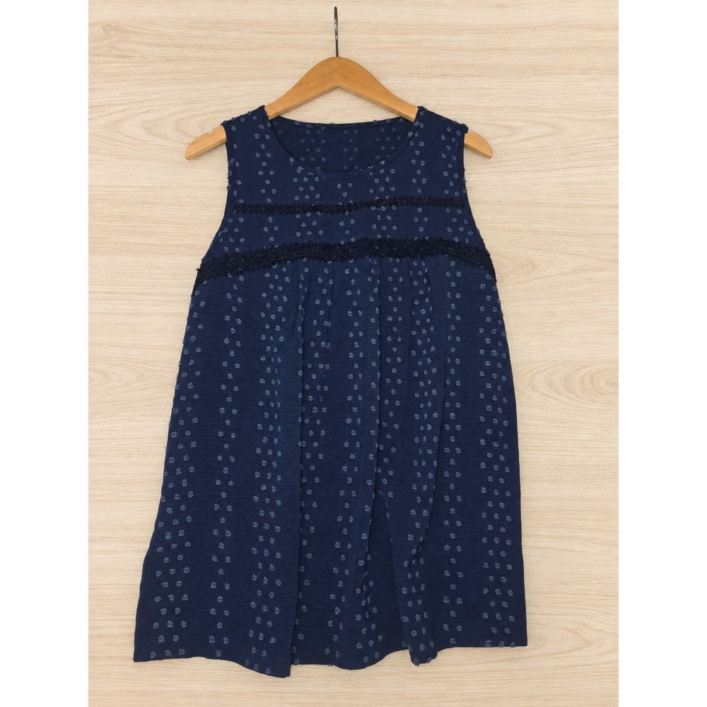 Imily Bela Womens Swiss Dot Sleeveless Crochet Lace Trim Blouse Dark Blue Large
